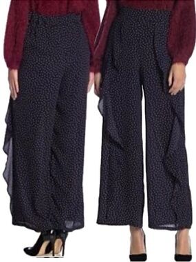 Blu Pepper Polka Dot Cascading Ruffle Wide Leg Pants Size M Navy Elastic Back